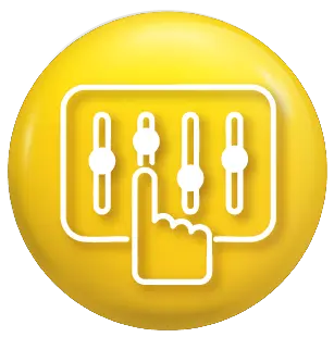 Control icon: white slider controls on a glossy yellow circular badge