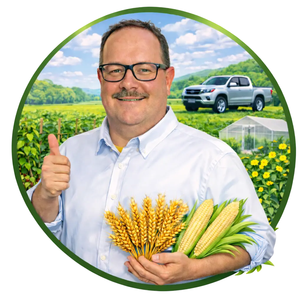 Eduart Swanepoel of MetsonWorld giving a thumbs up with wheat and maize in a crop field