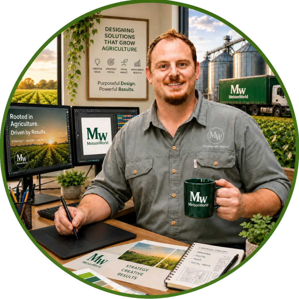 Grayson of MetsonWorld at a desk with agricultural design material and grain silos behind