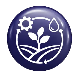 Integrated crop solutions icon: seedling, water droplet and gears on a glossy navy circular badge