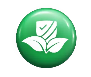 Integrity icon: shield with a tick above leaves on a glossy green circular badge