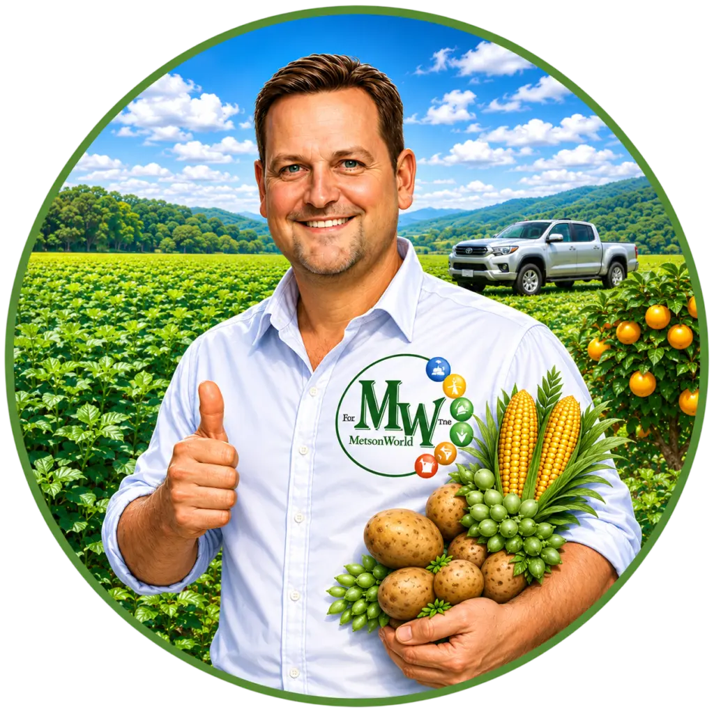 Jaco Botha of MetsonWorld giving a thumbs up with citrus, maize and potatoes in a crop field