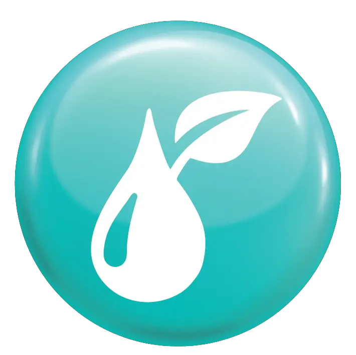 Liquid nutrient icon: white droplet and leaf on a glossy teal circular badge