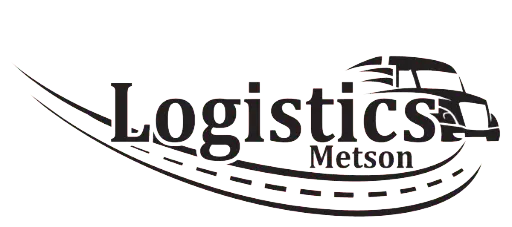 Metson Logistics logo: script wordmark with a truck travelling along a dashed road