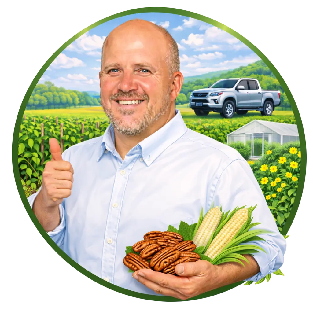 Martin Brits of MetsonWorld giving a thumbs up with pecan nuts and maize in a crop field