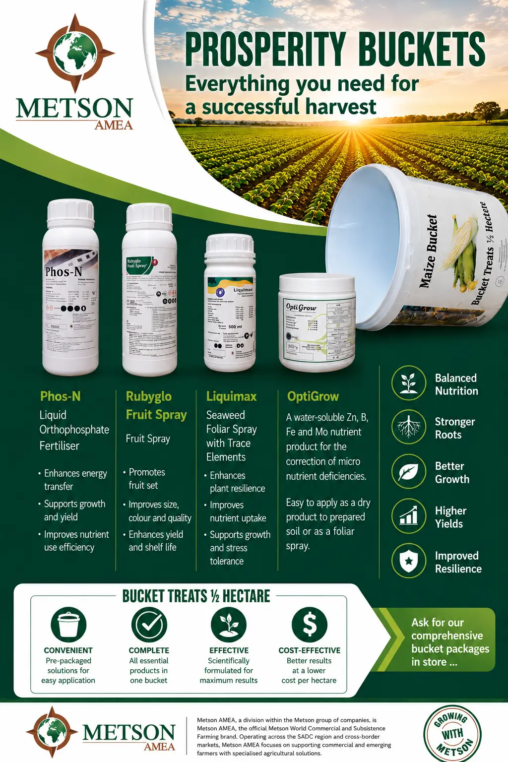 Metson AMEA Prosperity Buckets flyer showing the crop nutrition bucket range and application rates