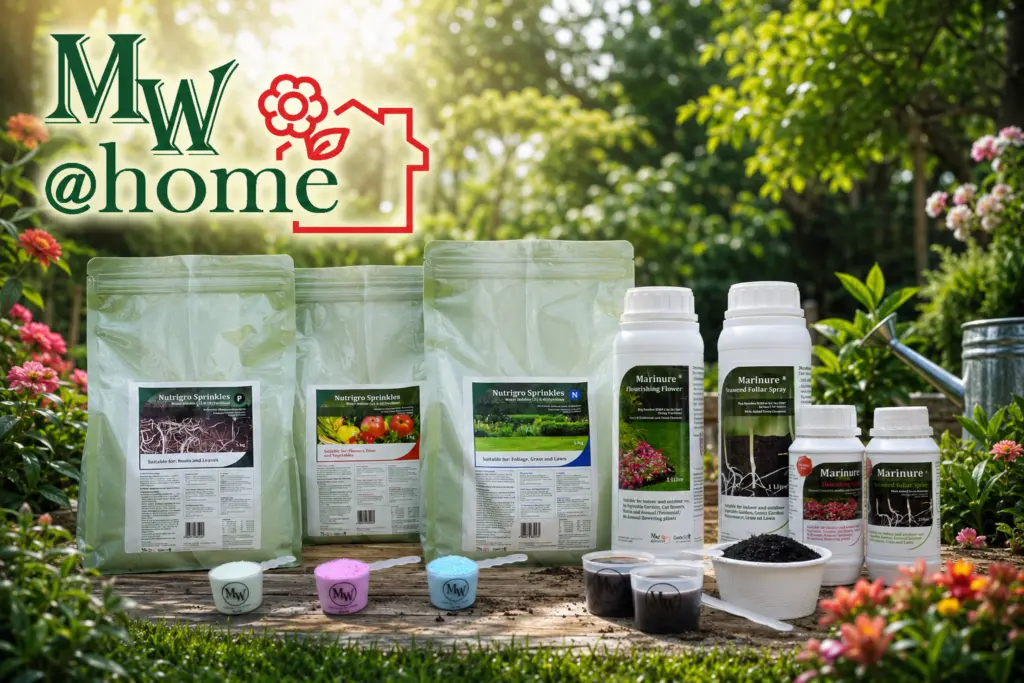 Metson at home product range of granular packs, liquids and tubs displayed in a garden