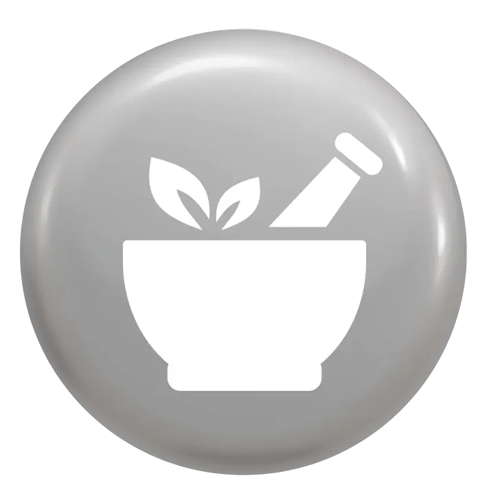 Sanitisers icon: pestle and mortar with leaves on a glossy grey circular badge