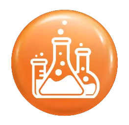Scientifically formulated icon: white laboratory flasks on a glossy orange circular badge