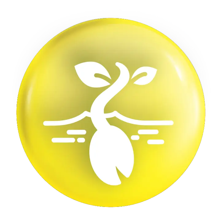 Seed treatment icon: germinating seed below the soil line on a glossy yellow circular badge