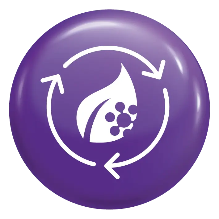 Soil health icon: droplet and soil particles in a circular arrow cycle on a glossy purple badge