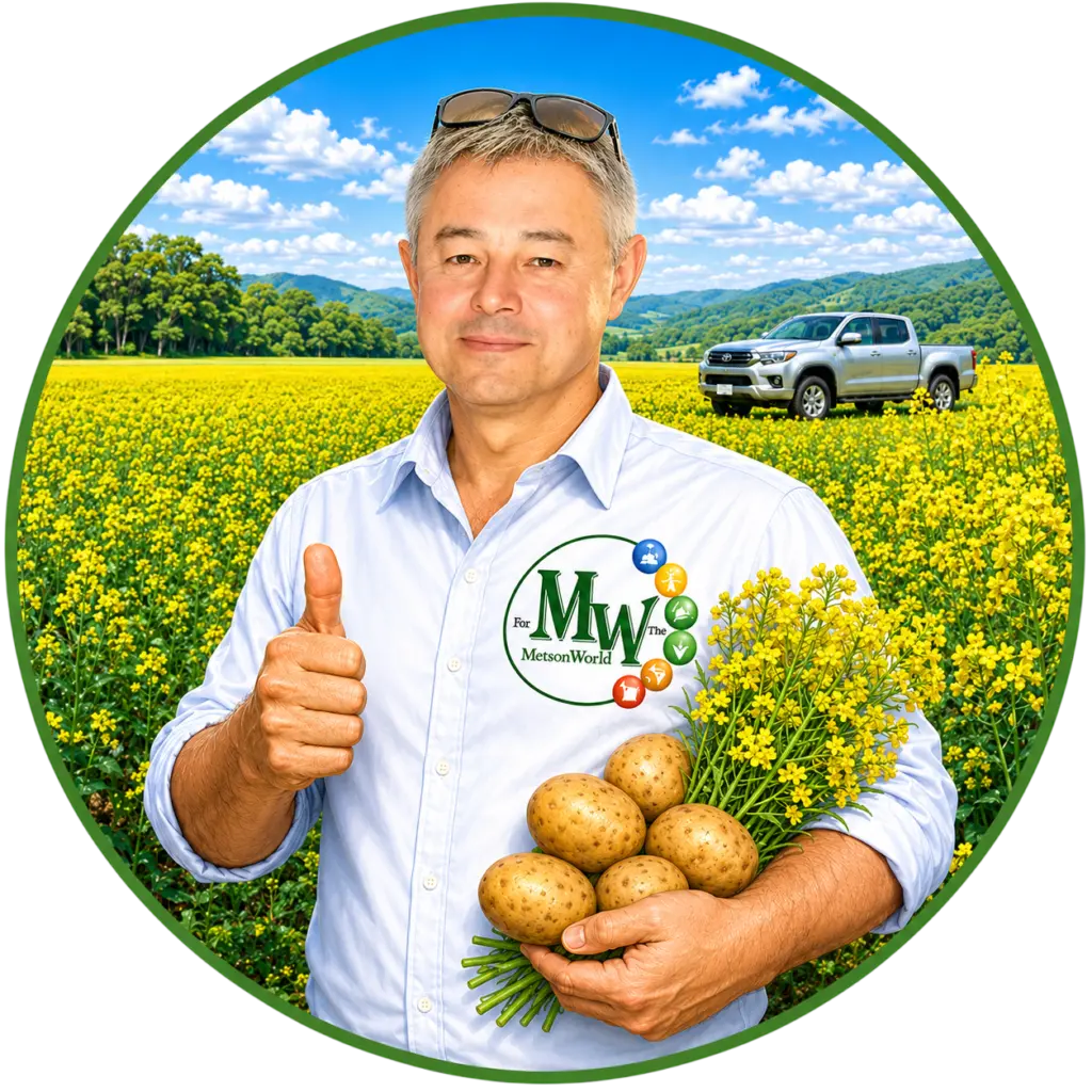 Wallace Knipe of MetsonWorld giving a thumbs up while holding potatoes in a flowering canola field
